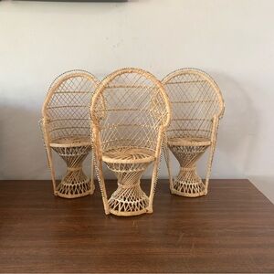 Vintage mini wicker rattan peacock chair for plants set of 3